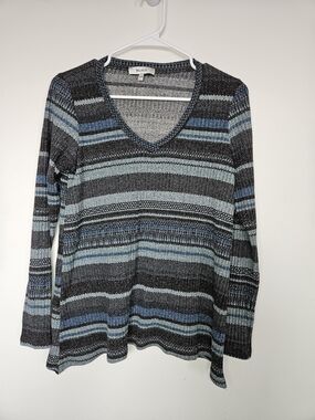 M.I.K.O. Blue Striped V-Neck Knit Top Long Sleeve Ribbed Lightweight Sweater M🔥